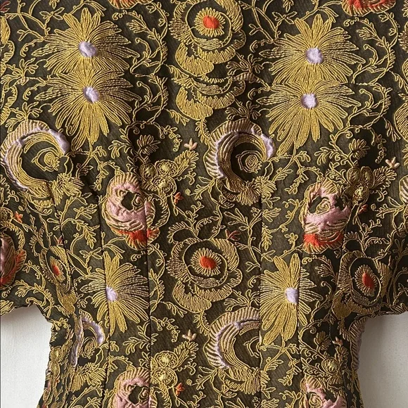 SUNO Chic Embroidered Brown/Gold Floral Short Puff Sleeve Shirt Top **Size 8**🌸🌸 - Picture 4 of 6